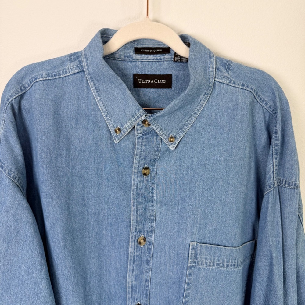 UltraClub Cypress Denim Mens 3XL Tall Blue Long Sleeve Button Down Cotton Shirt